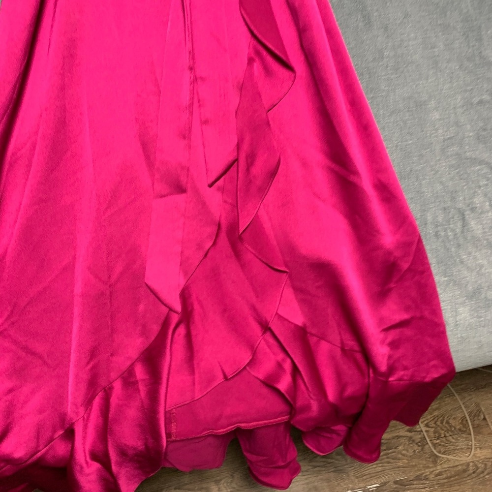Kensie Faux Wrap Dress Womens 6 Hot Pink Ruched Sleeves Ruffled Hem Tie waist - Picture 5 of 14
